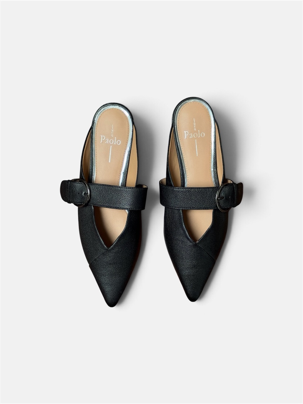 Linea Paolo Black Pointed Buckle-strap Slide Mules